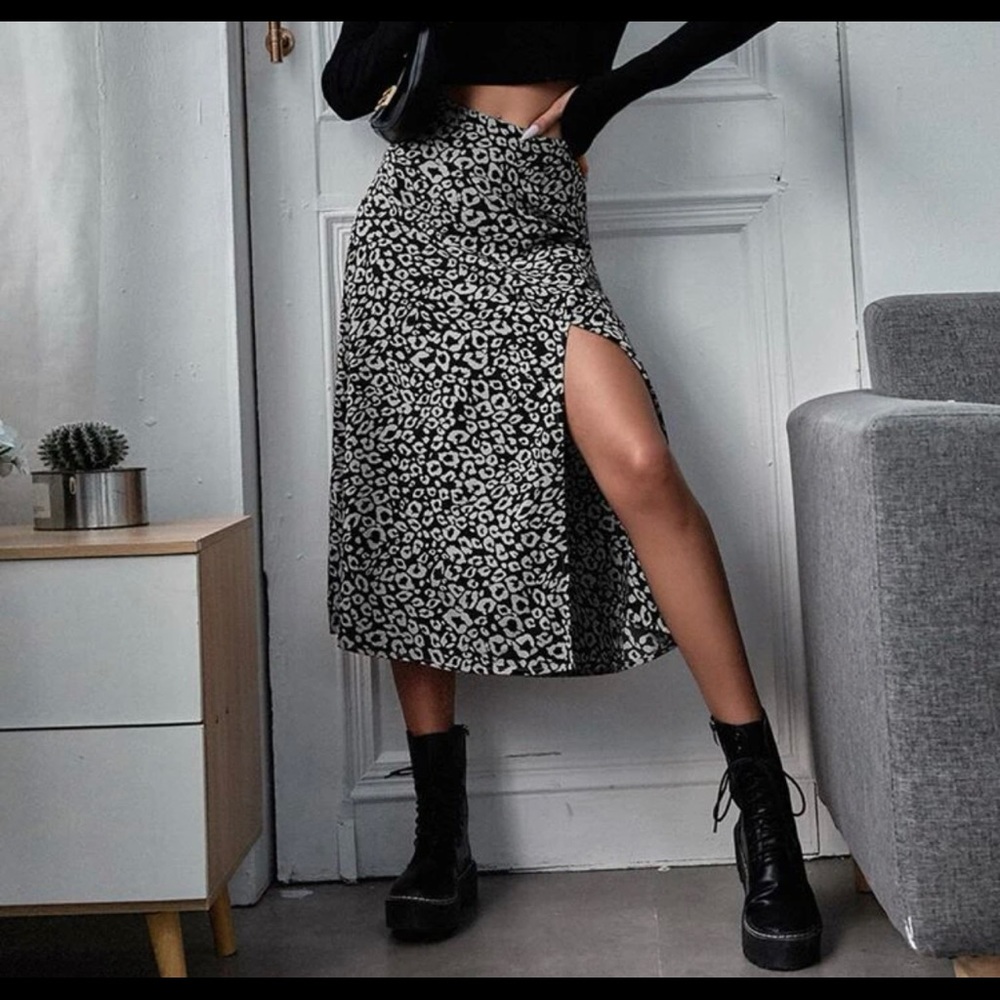 Slit Print Midi Skirt